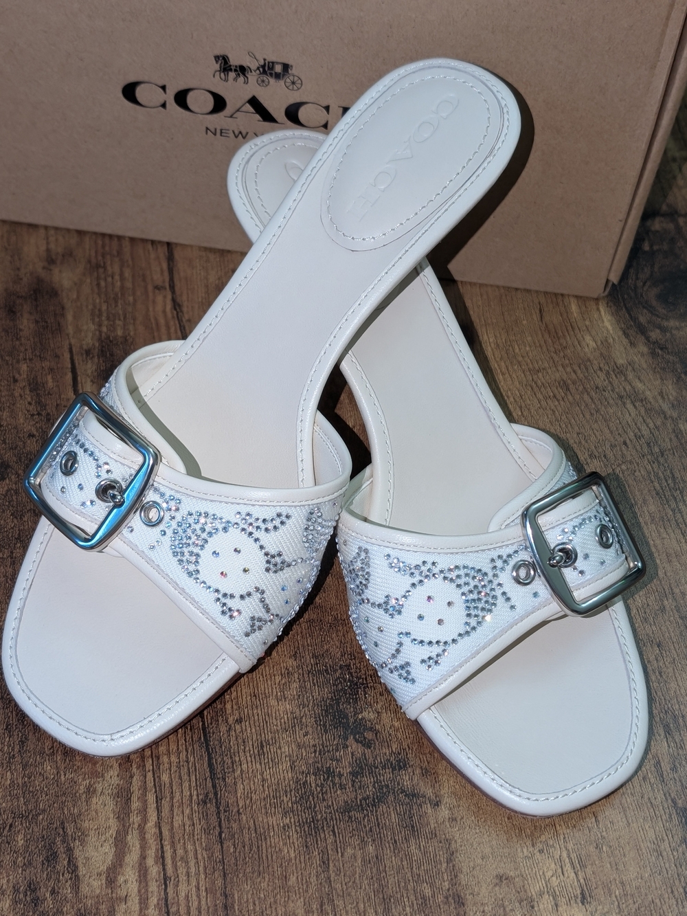 COACH Margot White Crystal Buckle Slide Sandals